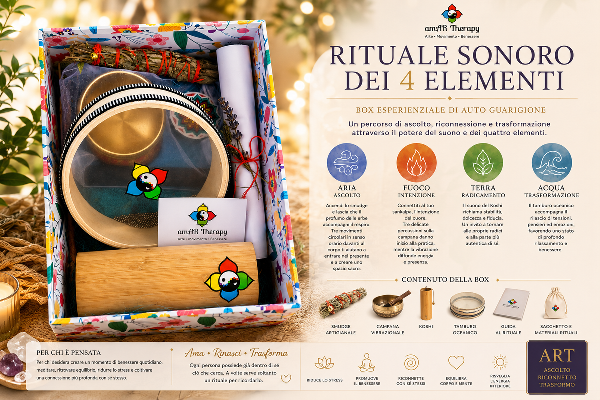 Kit rituale sonoro dei 4 elementi con campana tibetana, koshi e tamburo oceanico